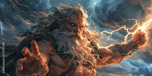 Zeus, King of the Gods: Majestic Illustration Depicting the Greek Deity Unleashing Thunder and Lightning photo