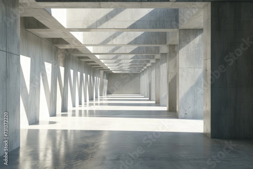 Geometric Concrete Gallery Interior with Empty Wall Mock Up - 3D Rendering