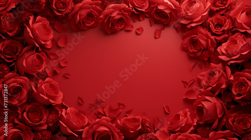 Passionate Frame: Red Roses on Red Background, Offering Creative Space for Text and Passionate Design. © oraziopuccio