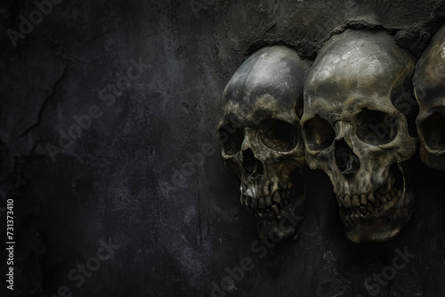 Skulls in dark gloomy style. Background for design with selective focus and copy space.