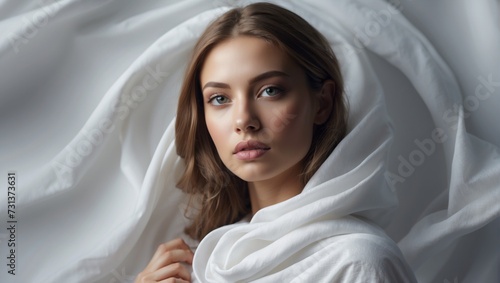beauty woman makeup modelwith soft skin and brown hairs, in white background, white dress and white fabric, beautiful eyes look, colored eyes, white silk satin, wedding
