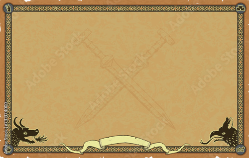 Large Fantasy Parchment with Knot Frame, Banner, Dragons, Crossed Gladiuses