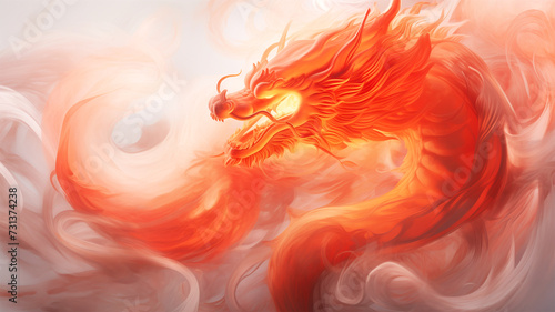 An AI generative image of dragon in flame and swirl smoke on dark background. © NajmiArif