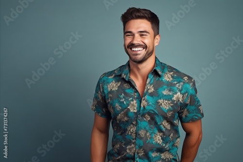 Portrait of a handsome young man laughing and looking at camera.