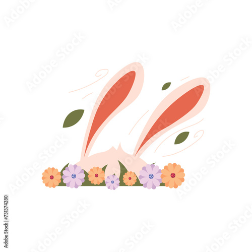 Bunny ears with spring flowers on white background