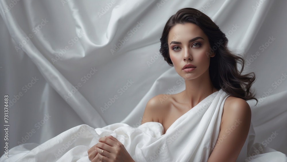 beauty woman makeup modelwith soft skin and black hair, in white background, white dress and white fabric, beautiful eyes look, colored eyes, white silk satin beauty woman makeup modelwith soft skin and black hair, in white background, white dress and white fabric, beautiful eyes look, colored eyes, white silk satin