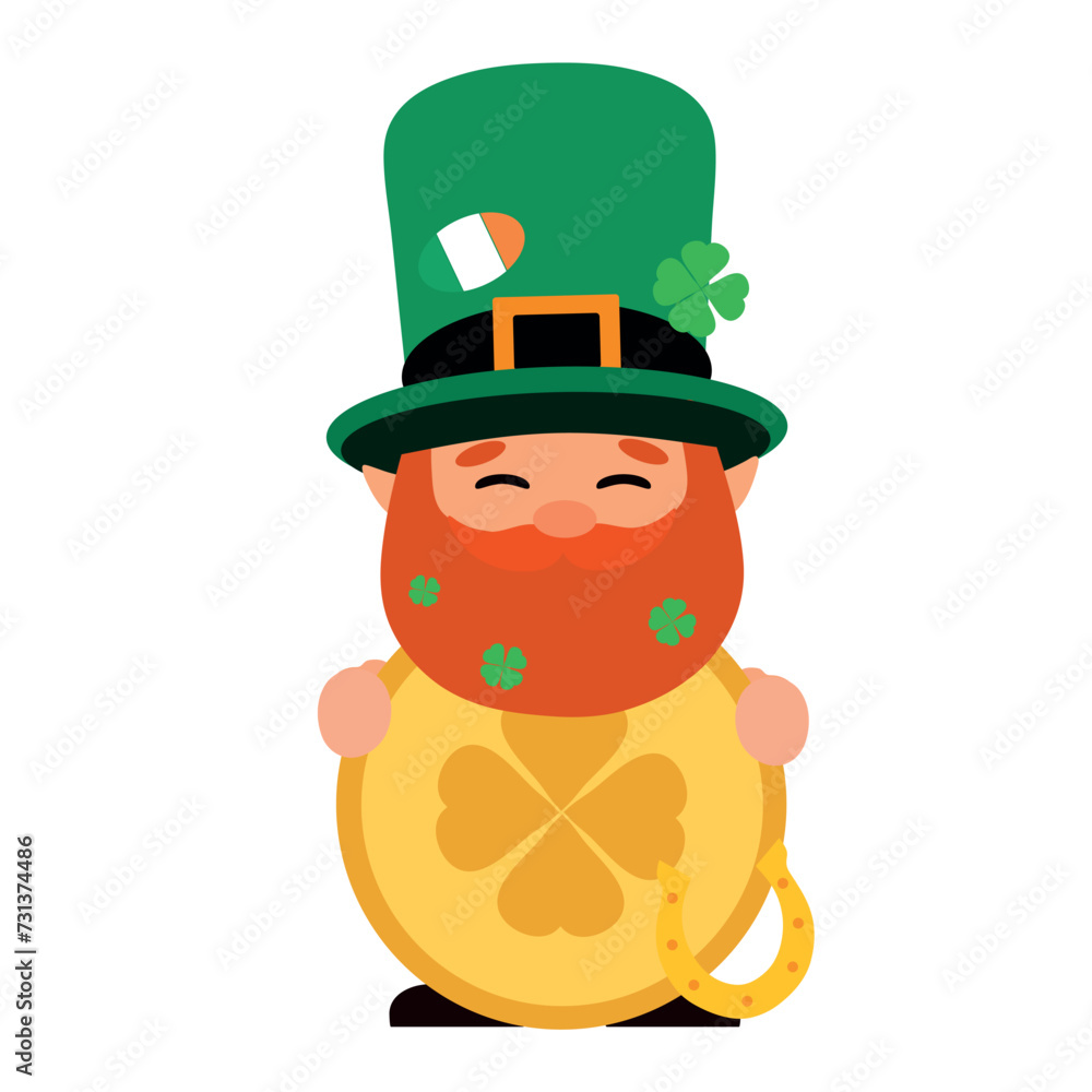 Cute leprechaun with golden coin and horseshoe on white background Cute leprechaun with golden coin and horseshoe on white background