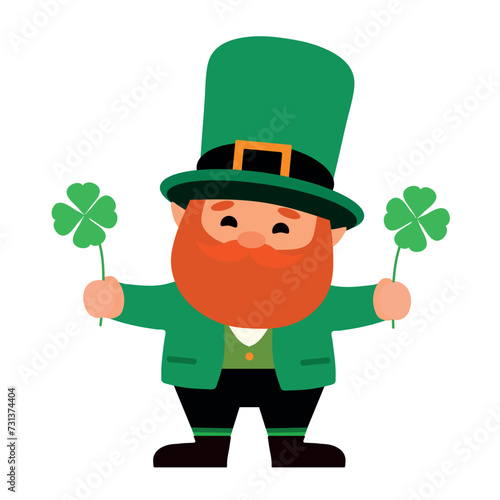 Cute leprechaun with clovers on white background