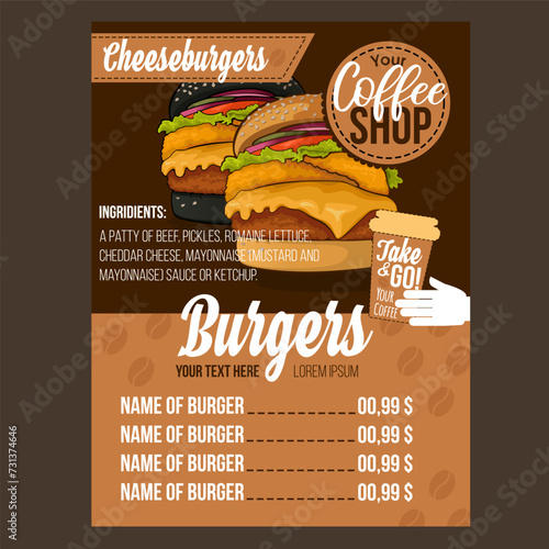Menu with burgers. Advertising template. Ingredients