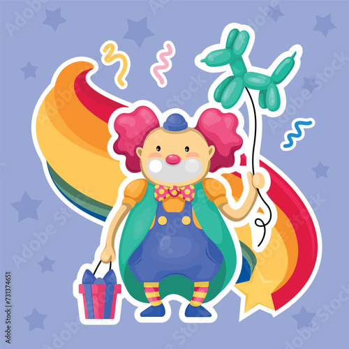 Funny and cute clown with a dog-shaped balloon on a rainbow background. A funny greeting card for children.