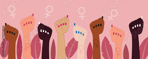 Many female hands with clenched fists on pink background. International Women's Day