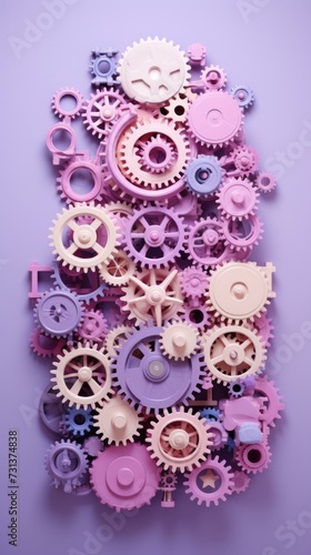 A purple and pink background with gears and other parts. Generative AI.