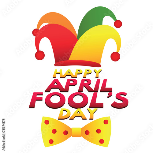 Text HAPPY APRIL FOOL'S DAY, harlequin's hat and bowtie on white background