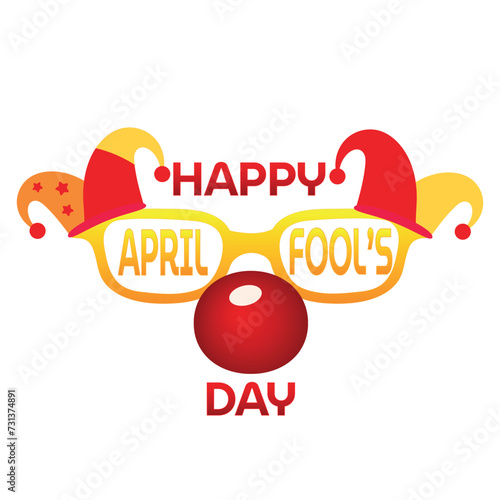 Text HAPPY APRIL FOOL'S DAY and clown's disguise on white background
