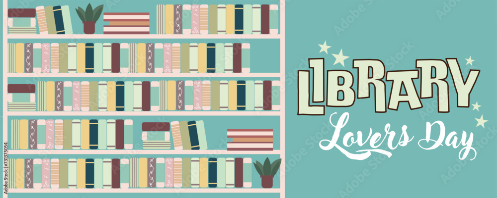 Banner for Library Lovers Day with drawn book shelves