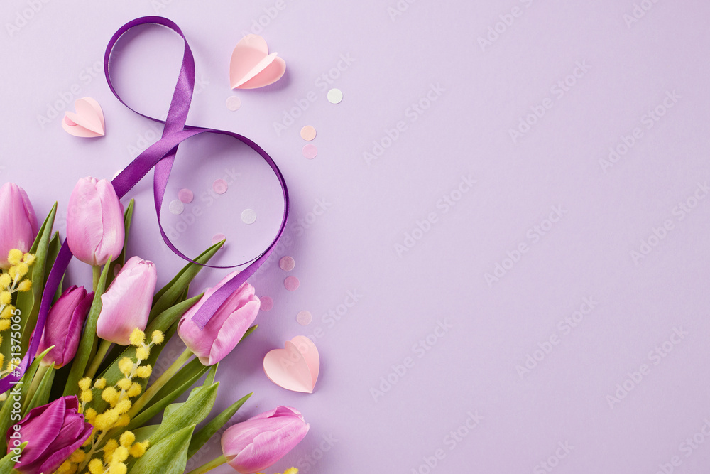 Glory to women: impressive events leading to march 8th. Top view photo of silk ribbon in an 8 shape, beautiful tulips, mimosa, confetti, pink hearts on purple background with space for festive text