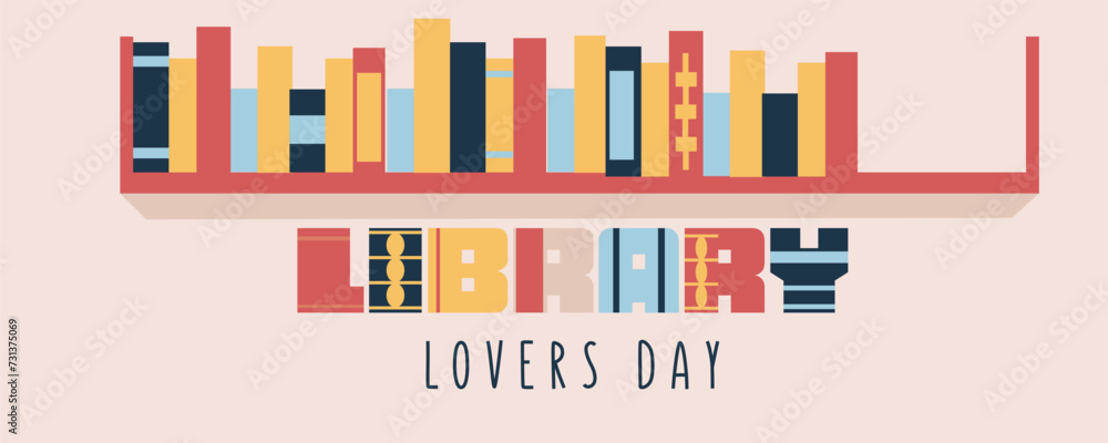 Banner for Library Lovers Day with drawn book shelf