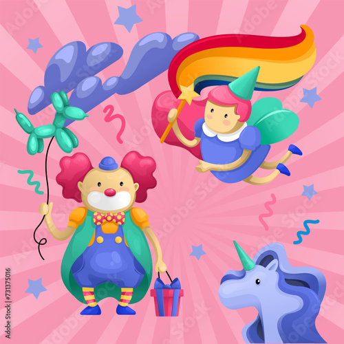 A set of attributes for a birthday or party. Cartoon characters