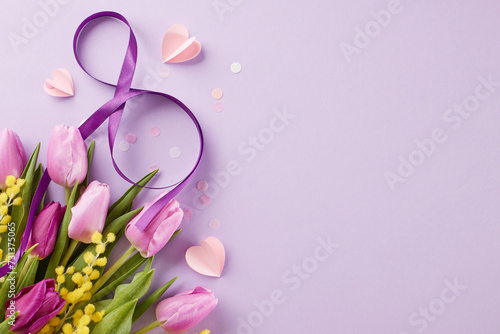 Glory to women  impressive events leading to march 8th. Top view photo of silk ribbon in an 8 shape  beautiful tulips  mimosa  confetti  pink hearts on purple background with space for festive text