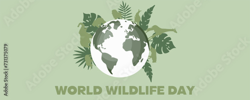 Banner for World Wildlife Day with drawn planet Earth, animals and plants
