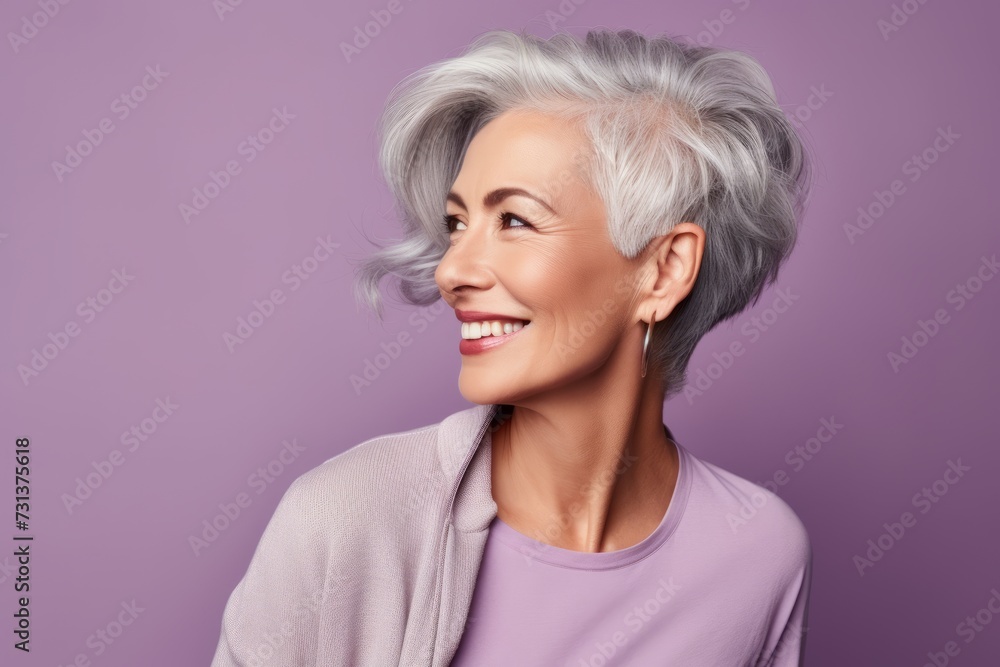Portrait of a beautiful smiling senior woman with grey hair on purple background