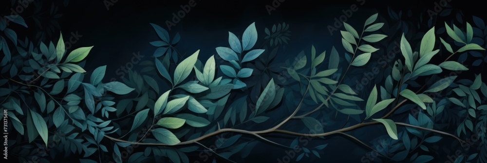 Green leaves and stems on a Blue background - obrazy, fototapety, plakaty 