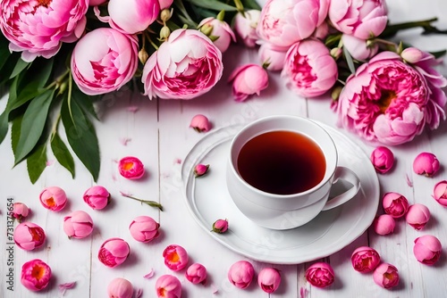 cup of coffee and pink rose