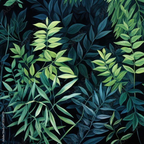 Green leaves and stems on a Blue background