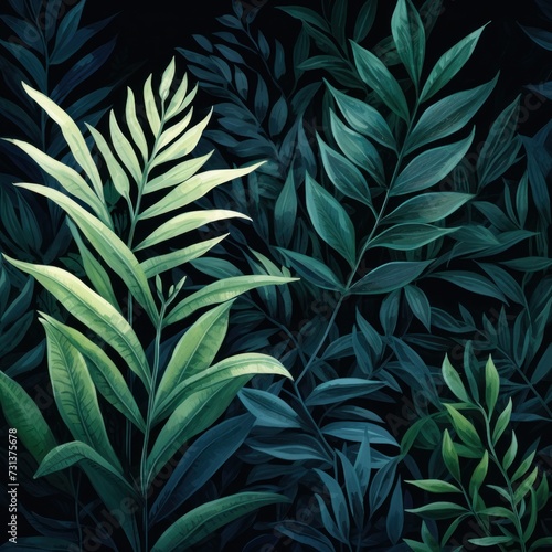 Green leaves and stems on a Blue background