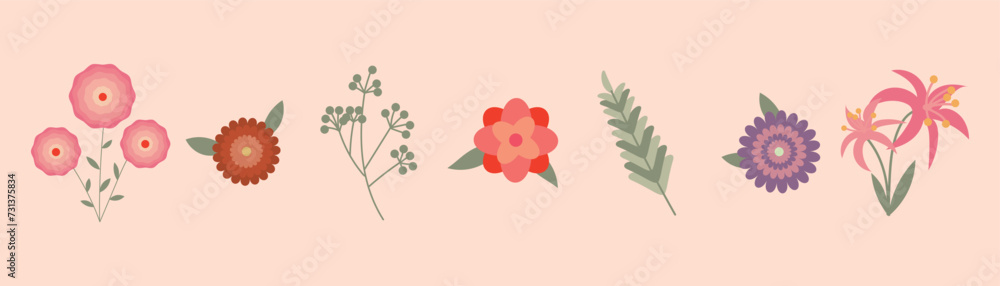 Naklejka premium Many drawn flowers and leaves on pink background
