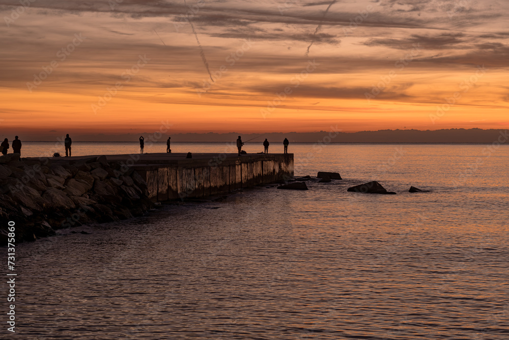 First light of day by the Mediterranean sea in Barcelona, Spain.