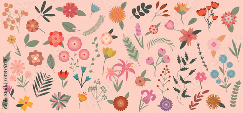 Many drawn flowers and leaves on pink background