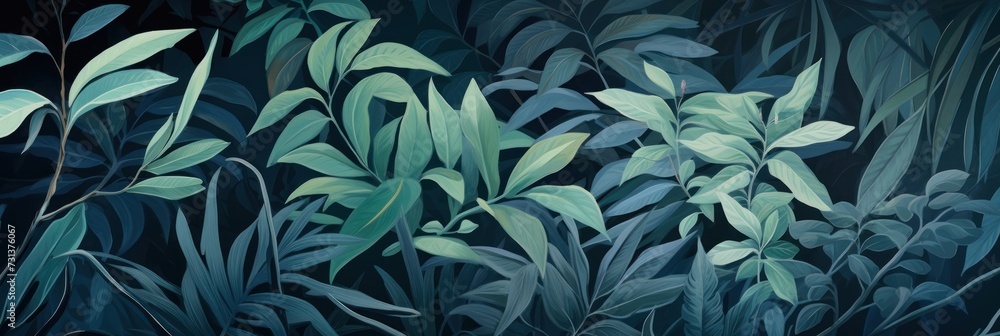 Green leaves and stems on a Cyan background