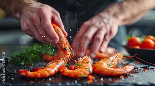Seafood, professional chef preparing prawns with sprigg beans. Cooking seafood, healthy vegetarian food and food on a dark background - generative ai