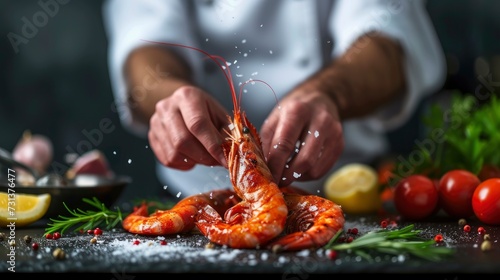 Seafood, professional chef preparing prawns with sprigg beans. Cooking seafood, healthy vegetarian food and food on a dark background - generative ai
