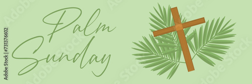 Text PALM SUNDAY, cross and branches on green background 
