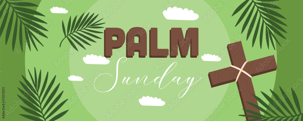 Fototapeta premium Text PALM SUNDAY, cross and branches on green background 