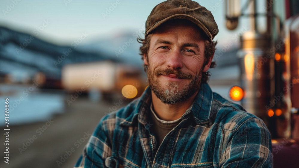 portrait of happy confident handsome trucker driver in front of his semi truck portrait of happy confident handsome trucker driver in front of his semi truck