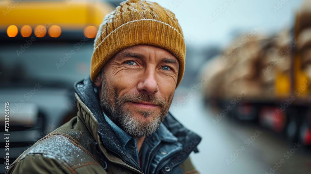 portrait of happy confident handsome trucker driver in front of his semi truck portrait of happy confident handsome trucker driver in front of his semi truck