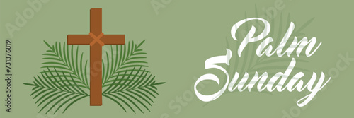 Text PALM SUNDAY, cross and branches on green background 