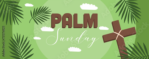 Text PALM SUNDAY, cross and branches on green background 
