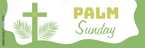 Banner with text PALM SUNDAY, cross and branches 