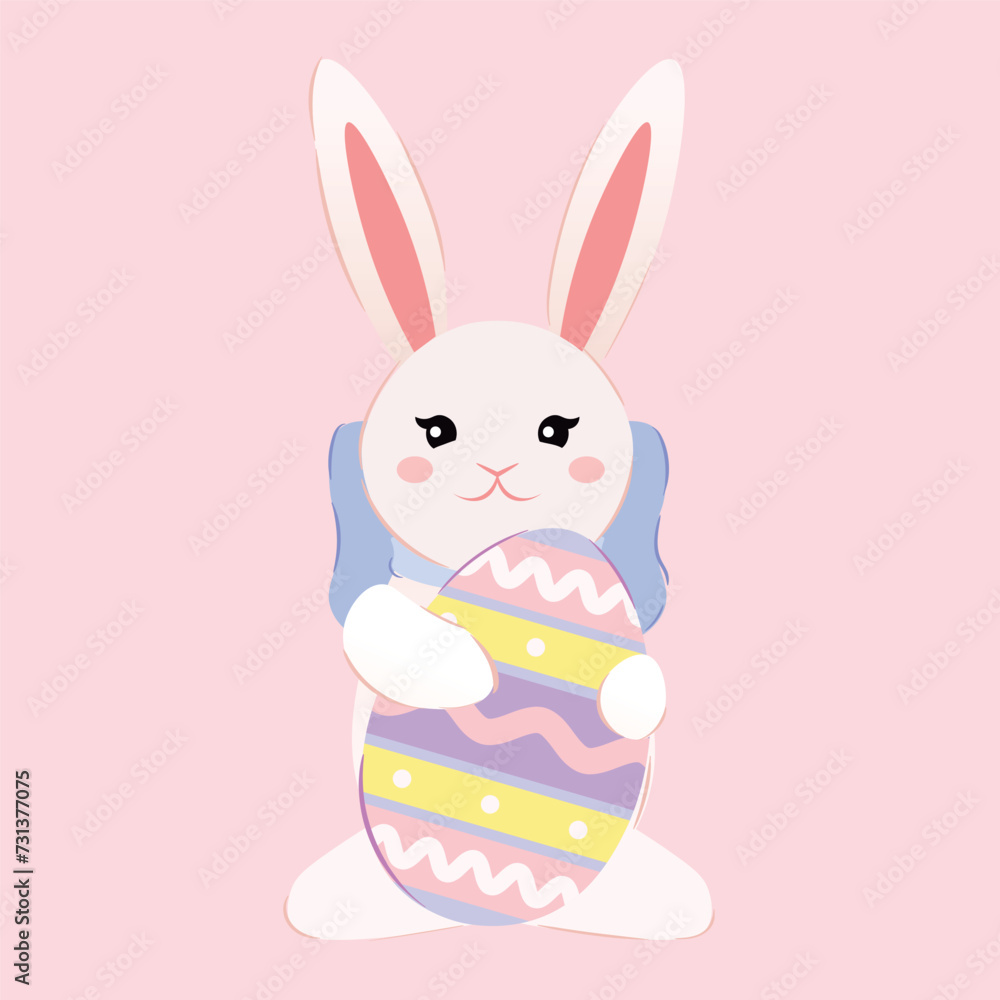 Cute Easter bunny with painted egg on pink background Cute Easter bunny with painted egg on pink background