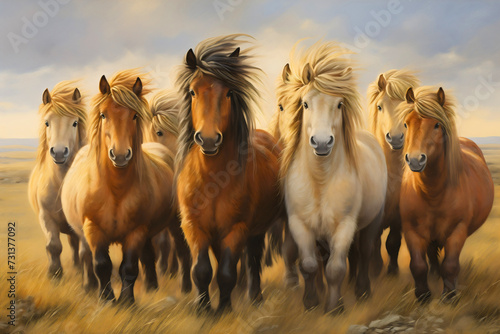 Painting of beautiful and cute Shetland ponies, mini horse breed with beautiful mane, group standing on a meadow, in Icelandic nature field, and looking at the camera photo