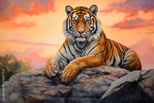 Painting of a wild Bengal tiger staring at the camera, resting on a rock in the wilderness during sunset