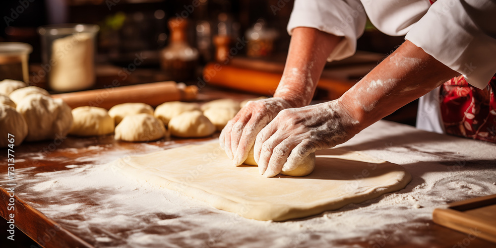 Close-up of male hands kneading dough on wooden table