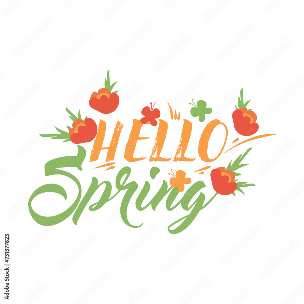 Text HELLO, SPRING and flowers on white background Text HELLO, SPRING and flowers on white background