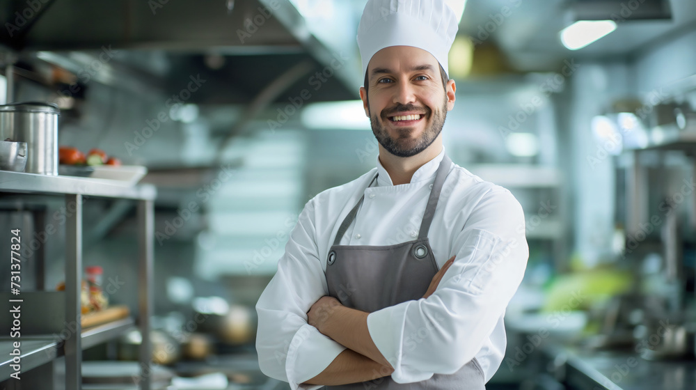 Professional male kitchen worker at a restaurant smiling at the camera ...