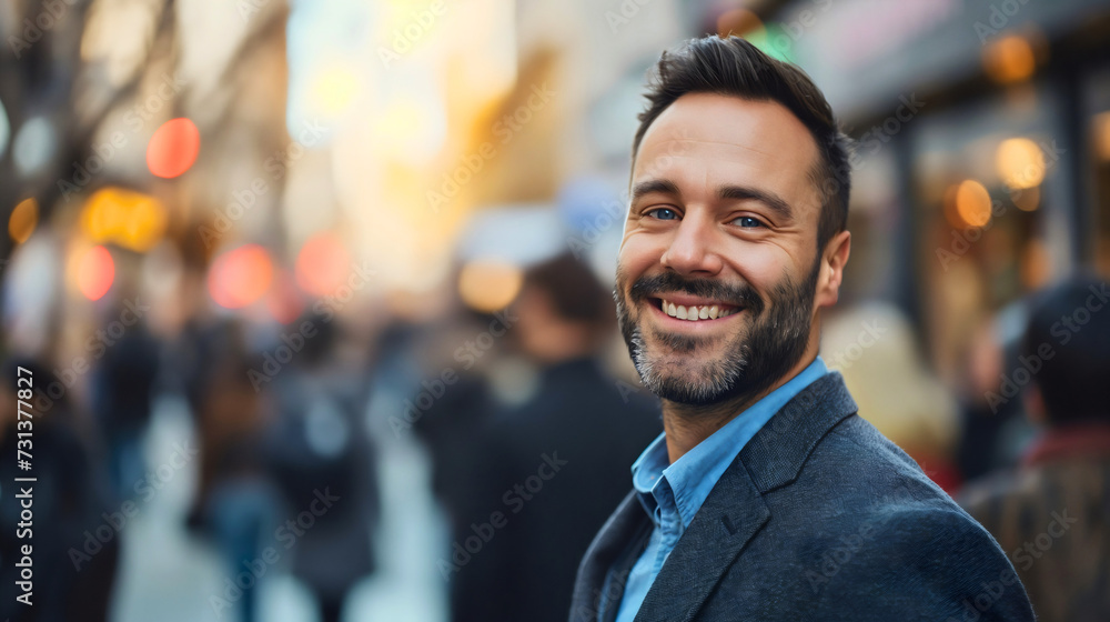 Closeup of a handsome businessman wearing an elegant suit. Looking at the camera, and smiling. Standing in on the city street, male company executive or CEO portrait, crowd blurred in the background Closeup of a handsome businessman wearing an elegant suit. Looking at the camera, and smiling. Standing in on the city street, male company executive or CEO portrait, crowd blurred in the background