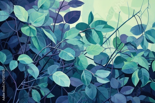 Green leaves and stems on a Lilac background